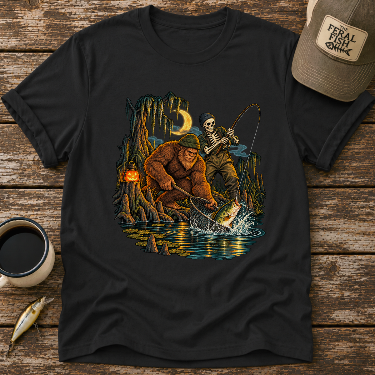 Bigfoot & Skeleton Fishing T-Shirt