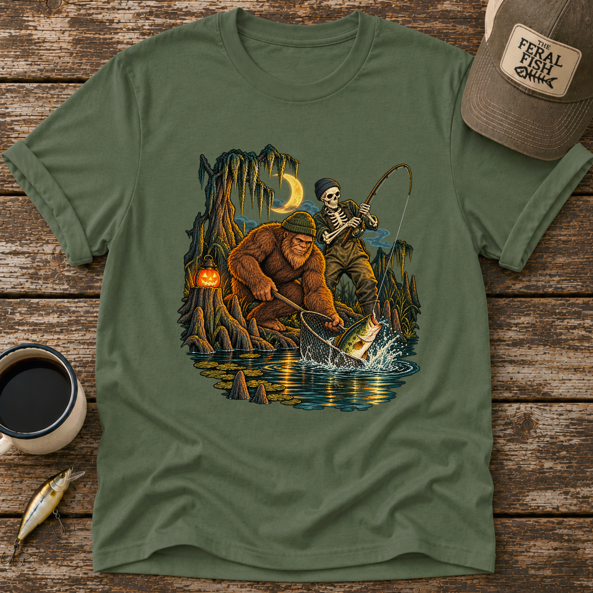 Bigfoot & Skeleton Fishing T-Shirt