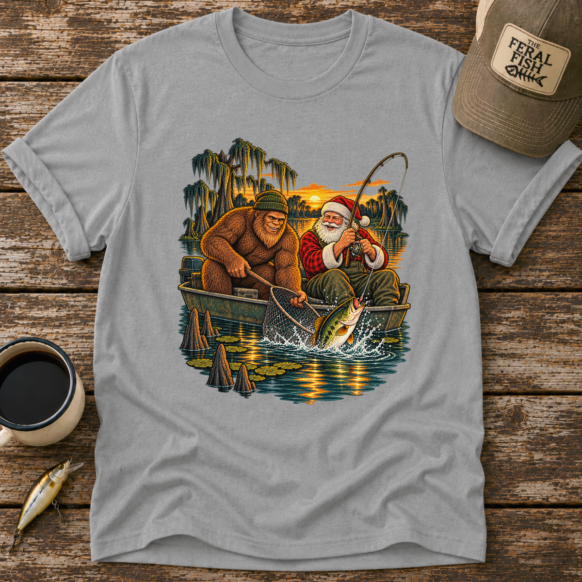 Bigfoot & Santa Fishing T-Shirt