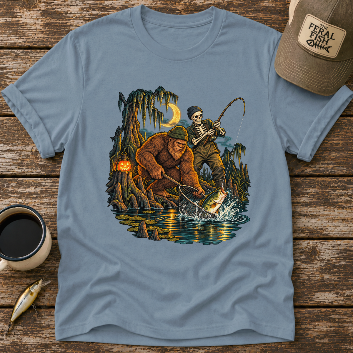 Bigfoot & Skeleton Fishing T-Shirt