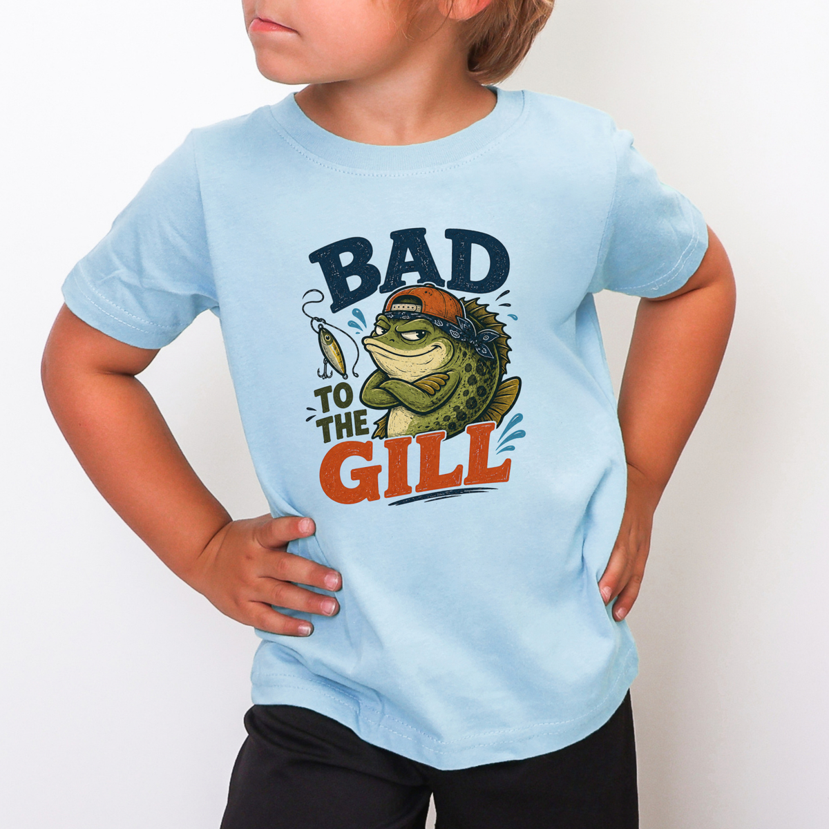 Bad To The Gill toddler fishing t-shirt mockup in Pink