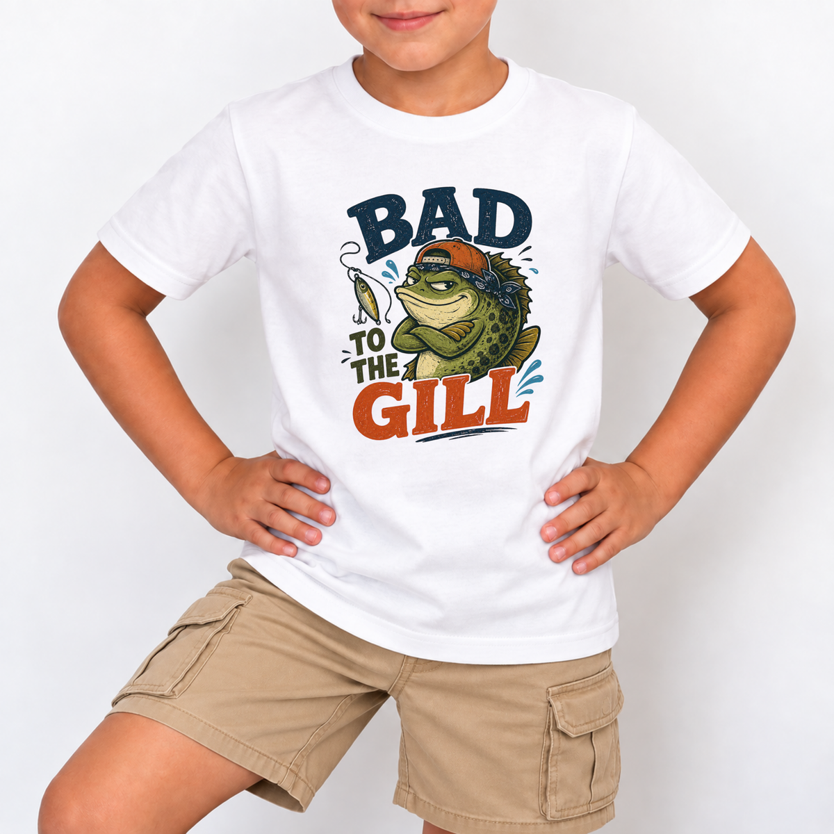 Bad To The Gill youth fishing t-shirt mockup in Pink